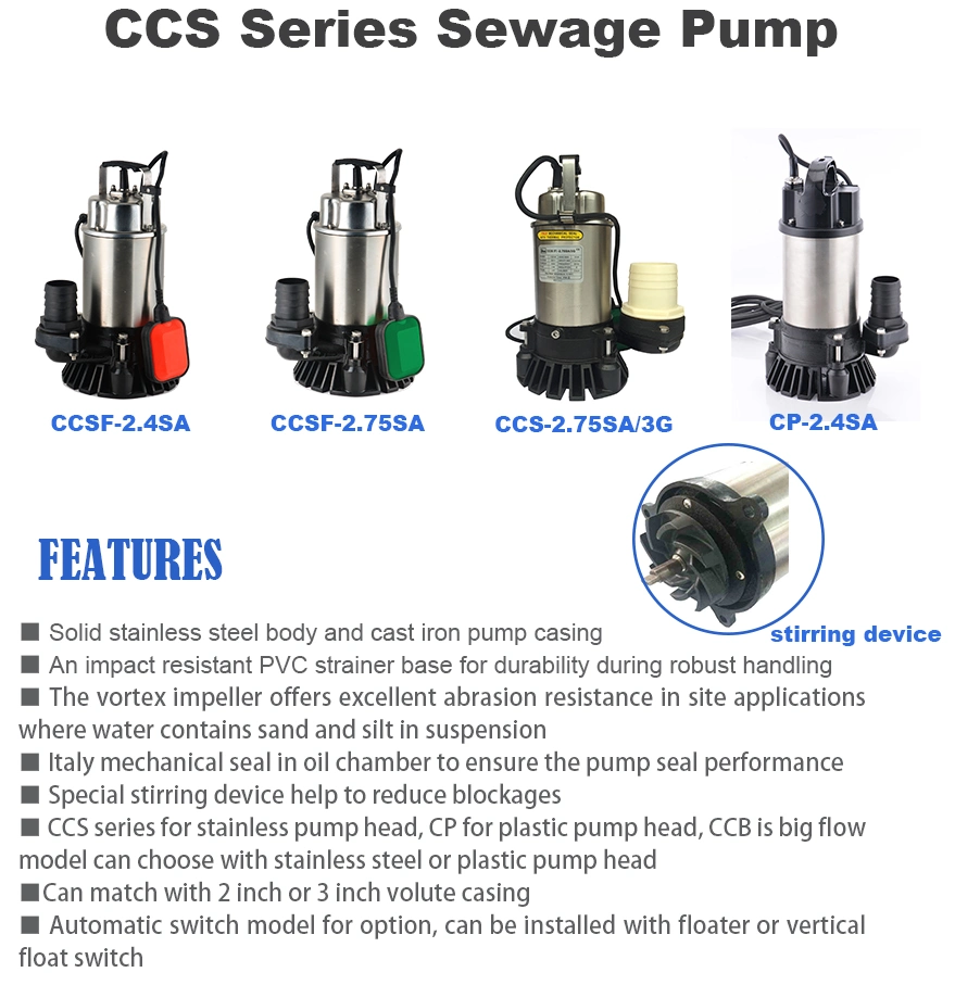 1HP Large Capacity Electric Stainless Steel Centrifugal Submersible Wastewater Muddy Water Discahrge Pump with Cutter for Construction Industrial Sites